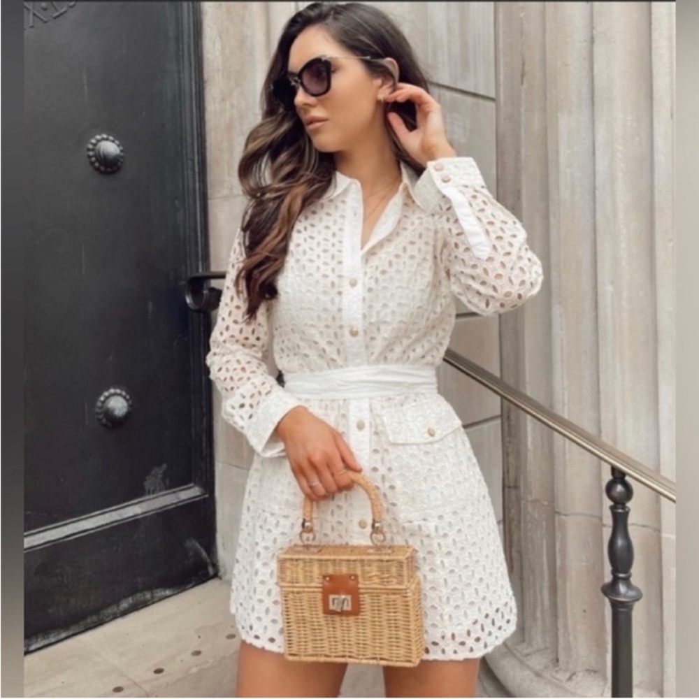 Zara White Ecru Embroidered Open Cutwork dress| Size: Small